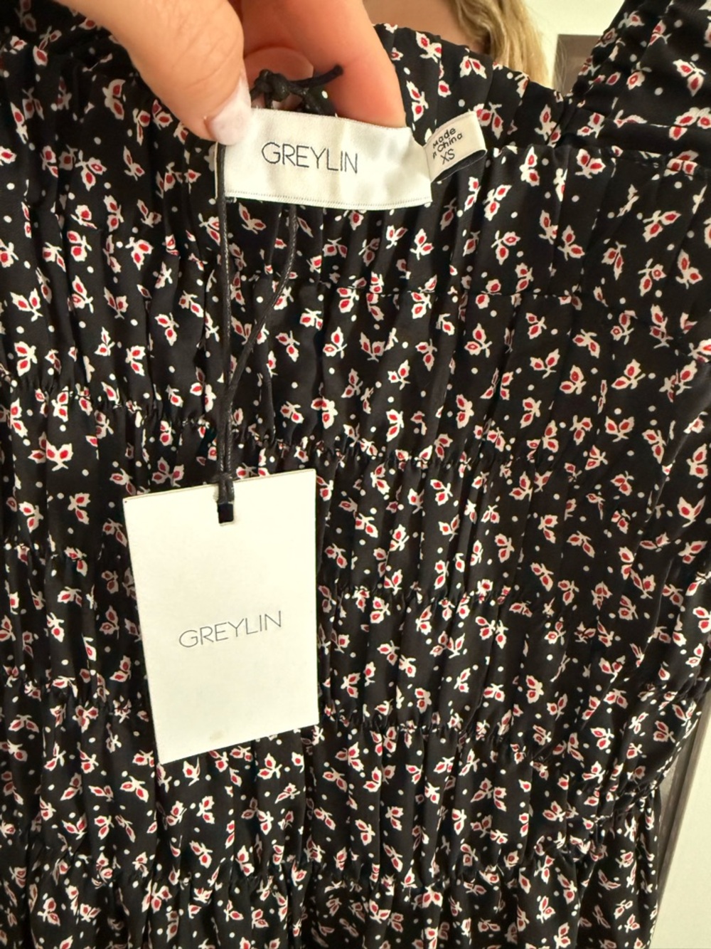 Greylin Black Floral Smocked Dress XS